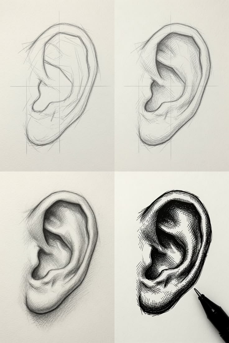 From Ear Outline to Form: A Four-Stage Shading Study