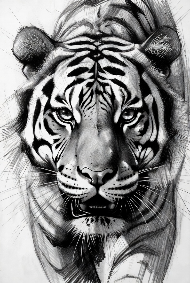 Realistic tiger sketch in pencil