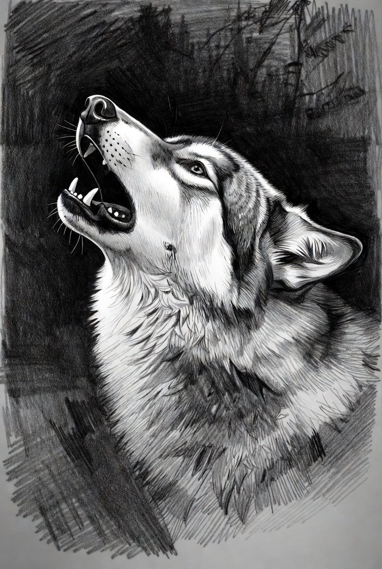 Realistic wolf sketch in pencil