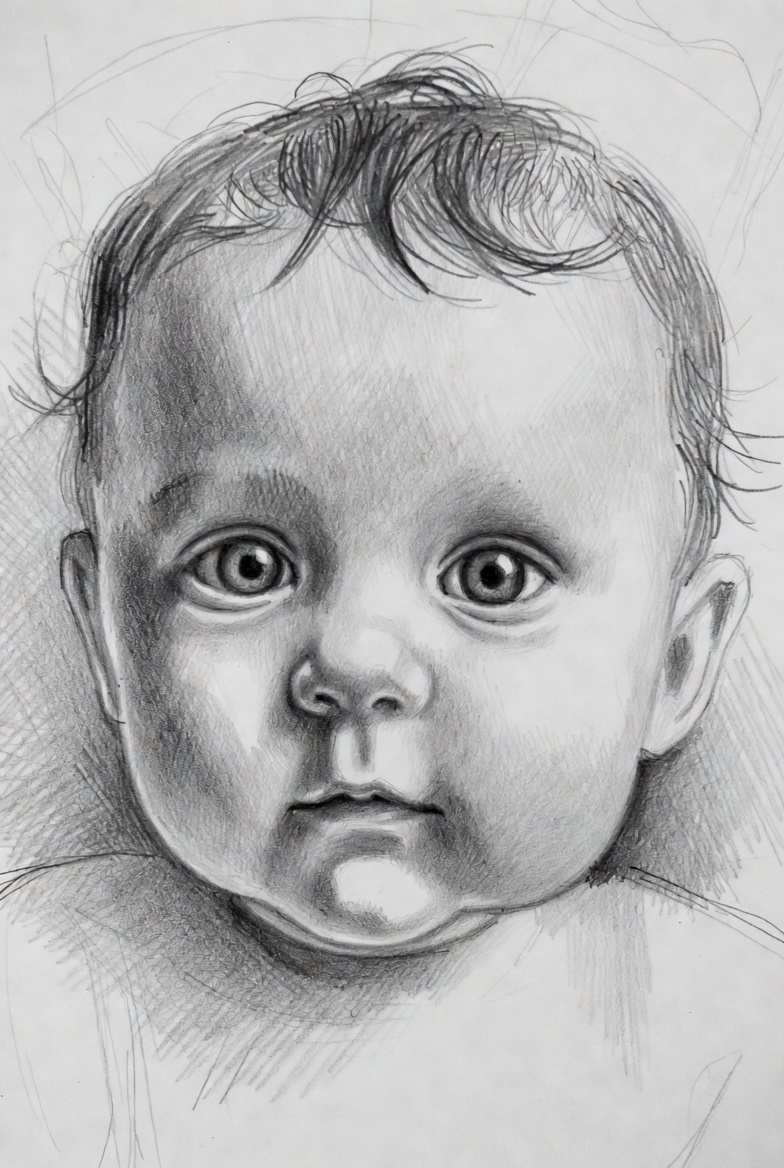 Baby portrait with carefully drawn eyes
