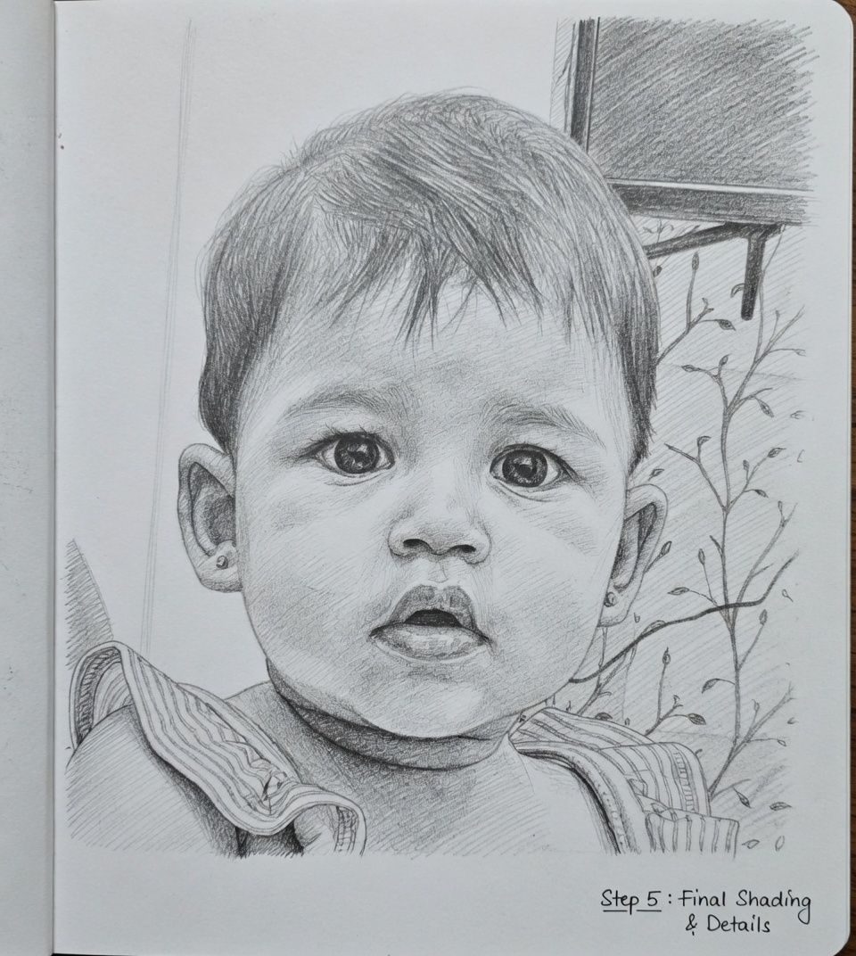 Realistic pencil portrait of a baby