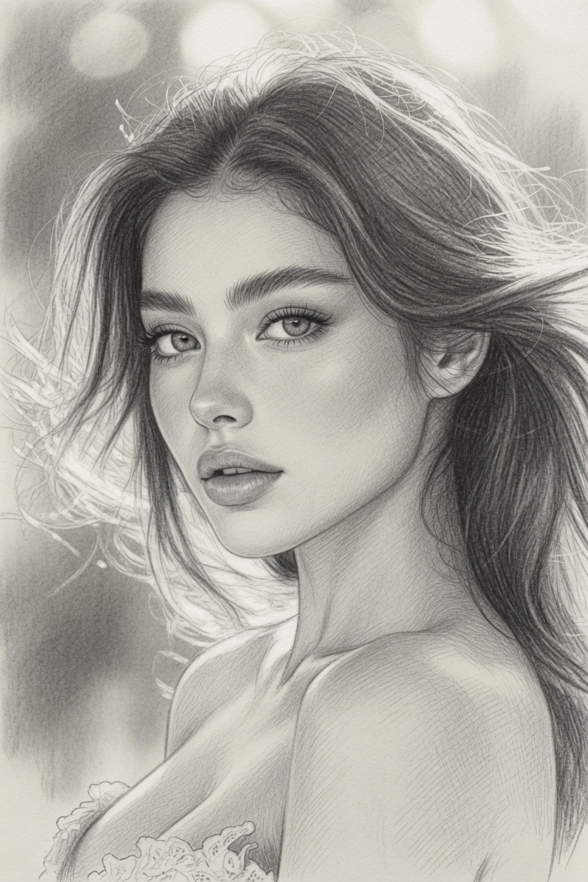 Realistic pencil portrait of a young girl
