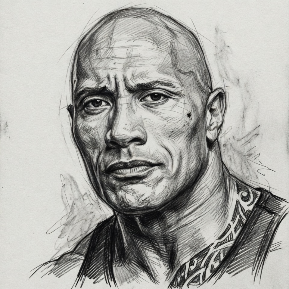 Realistic pencil portrait of Dwayne Johnson