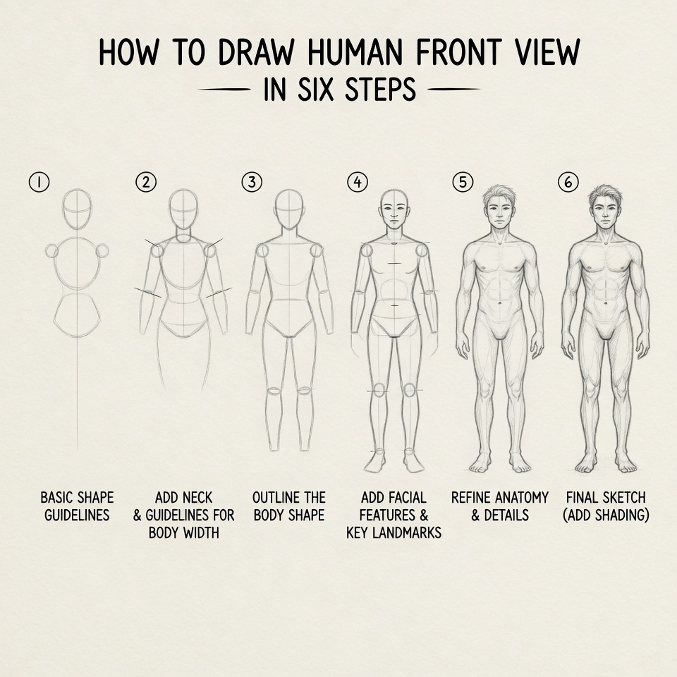 Reference image for drawing the human body front view