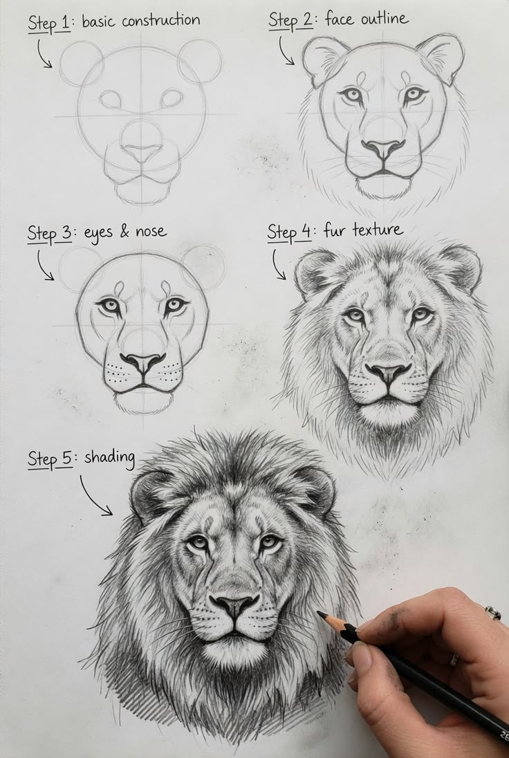 Five-stage realistic lion pencil drawing tutorial